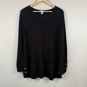 Calvin Klein Ribbed Knit Long Sleeve Black Top With Gold Button Accents Size L